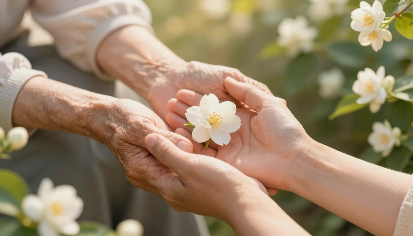 A heartwarming close-up illustration of an elderly mother's ...