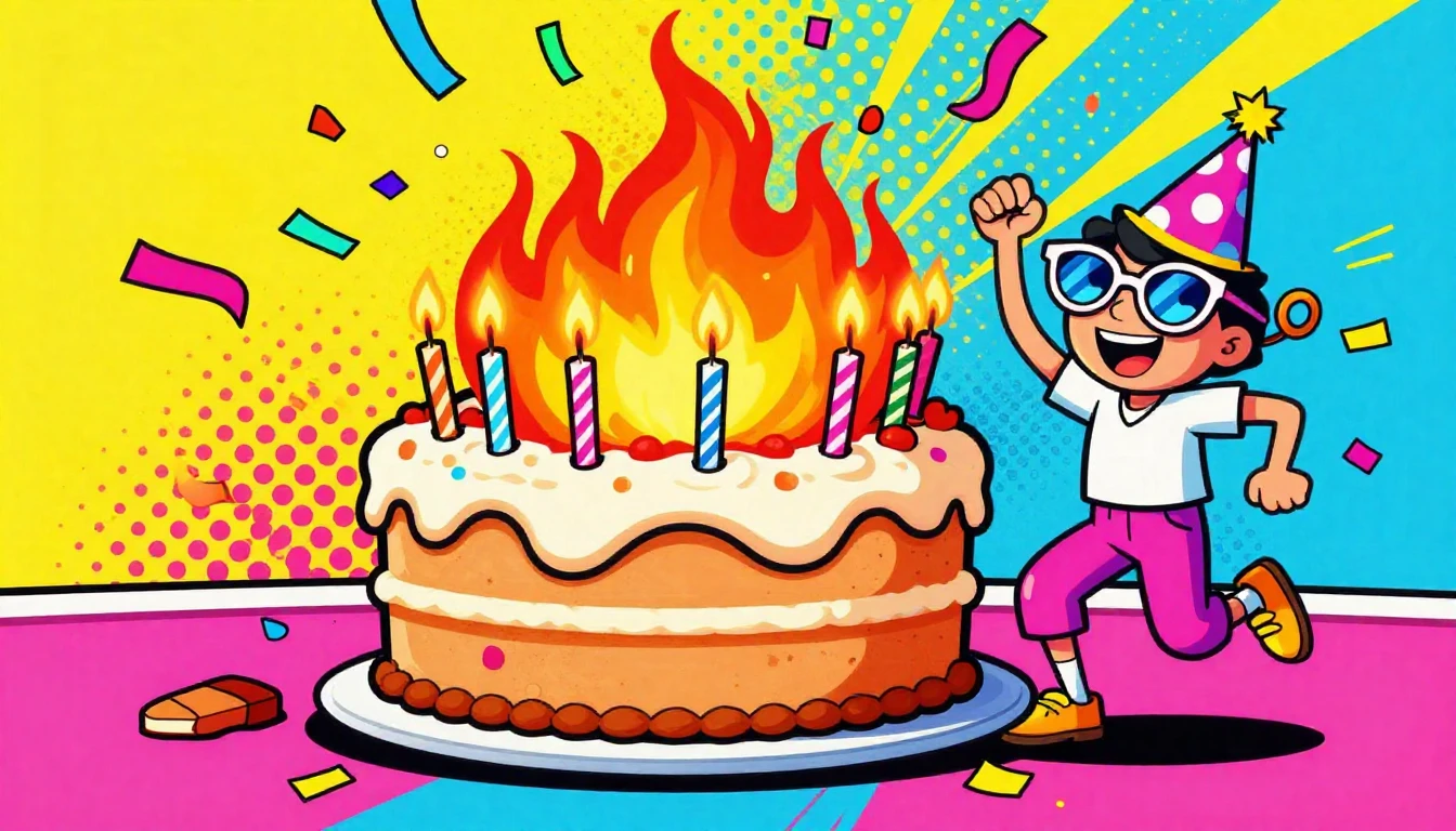 A vibrant and humorous pop art illustration of a birthday pa...