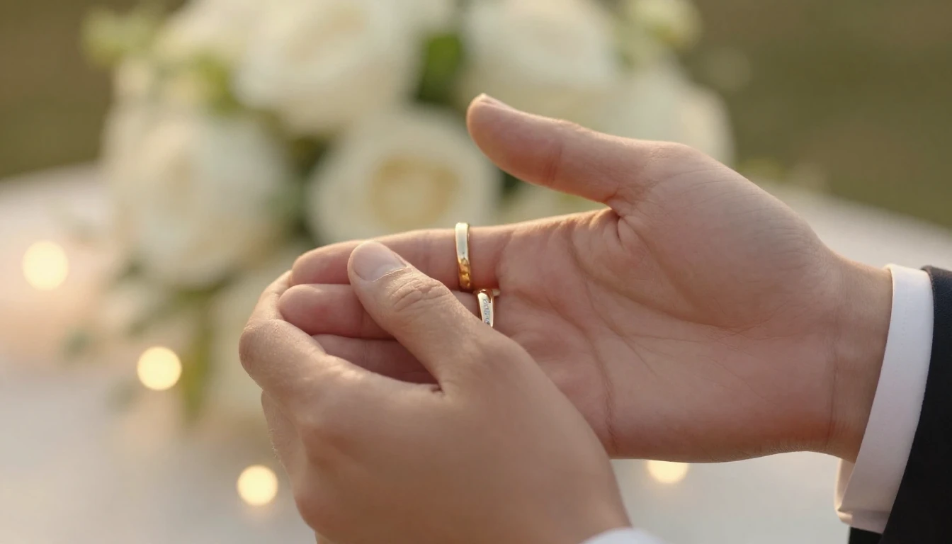 A romantic and elegant wedding scene, close-up of two hands ...