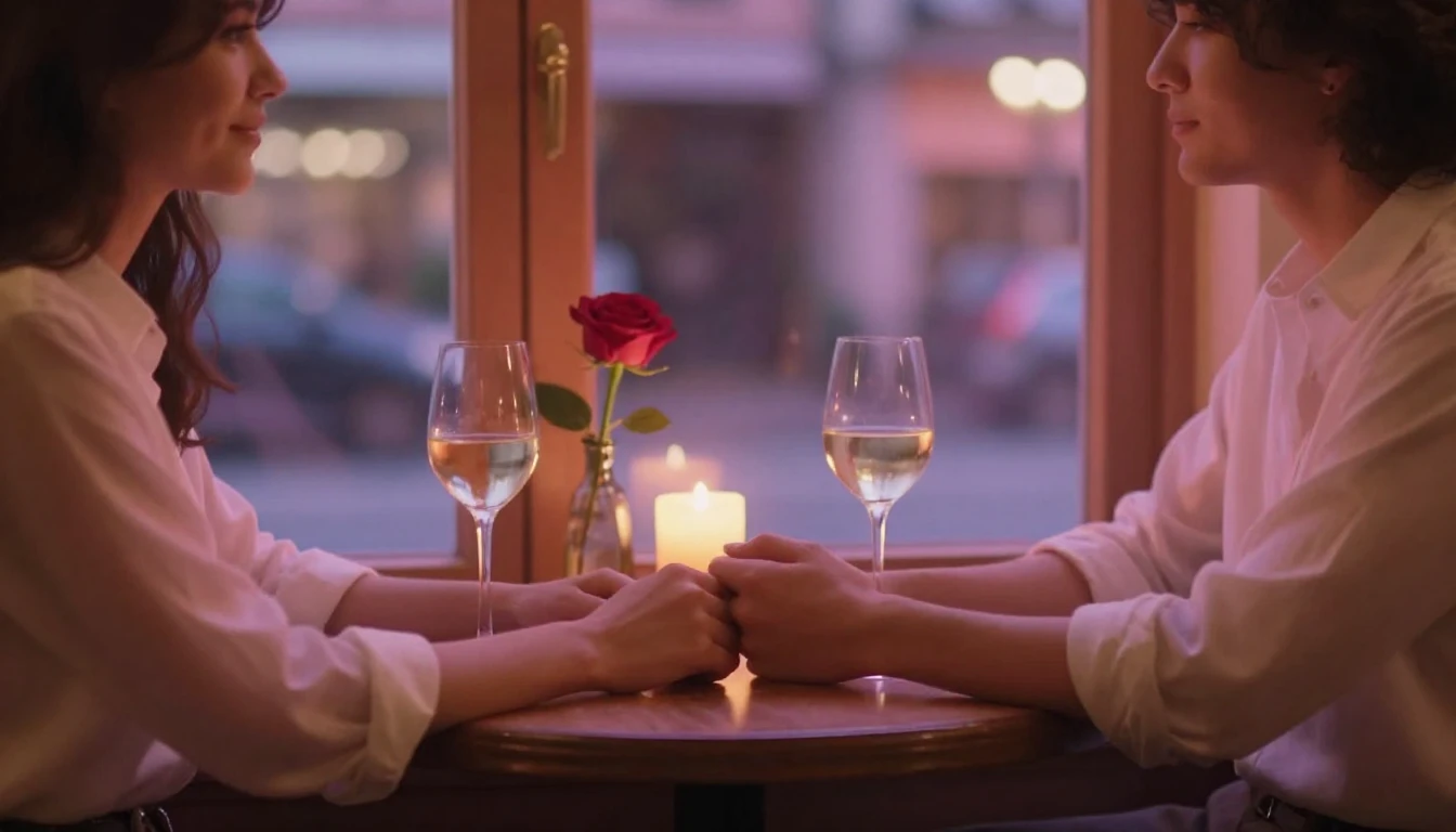 A romantic scene of a couple holding hands across a small ta...