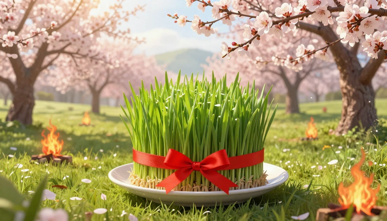 A lush and vibrant spring landscape featuring a central plat...