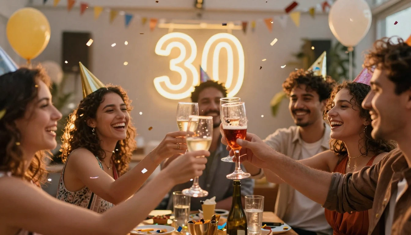 A vibrant and energetic party scene celebrating a 30th birth...