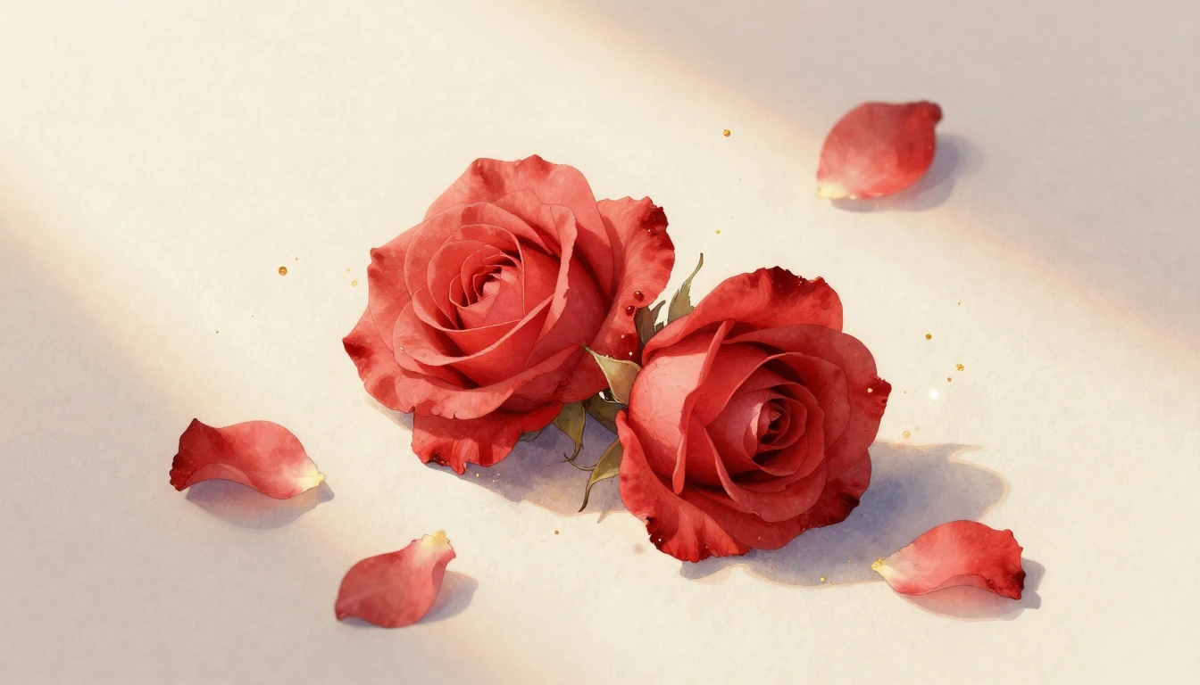 A beautiful watercolor painting of two delicate red roses in...