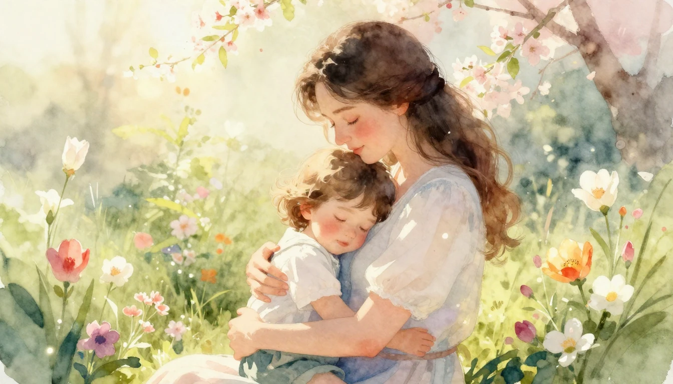 A beautiful, warm watercolor painting of a loving mother gen...