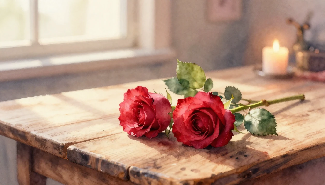 A beautiful watercolor painting of two delicate red roses in...