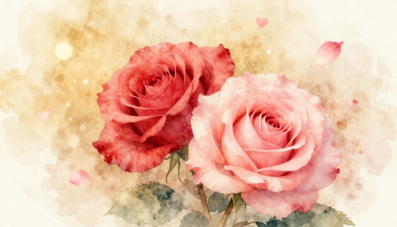 A delicate watercolor painting of two intertwined roses in s...