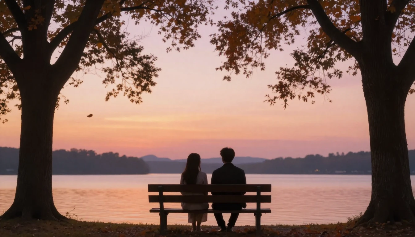 A romantic and soft composition depicting two silhouettes si...