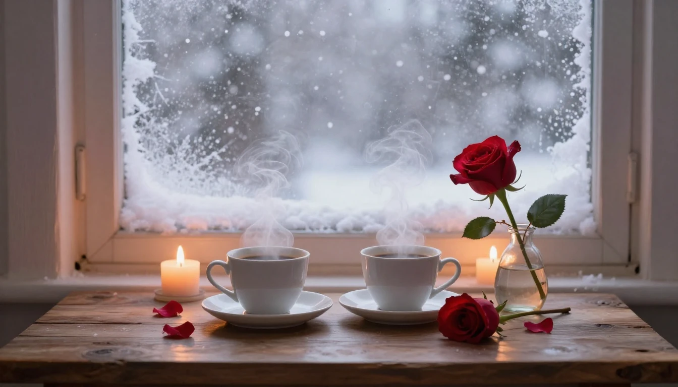 A romantic and cozy scene next to a frosted window with a vi...