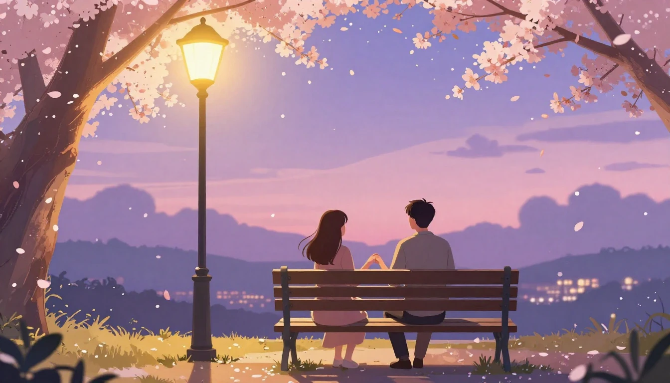 A romantic illustration of a couple sitting on a park bench ...
