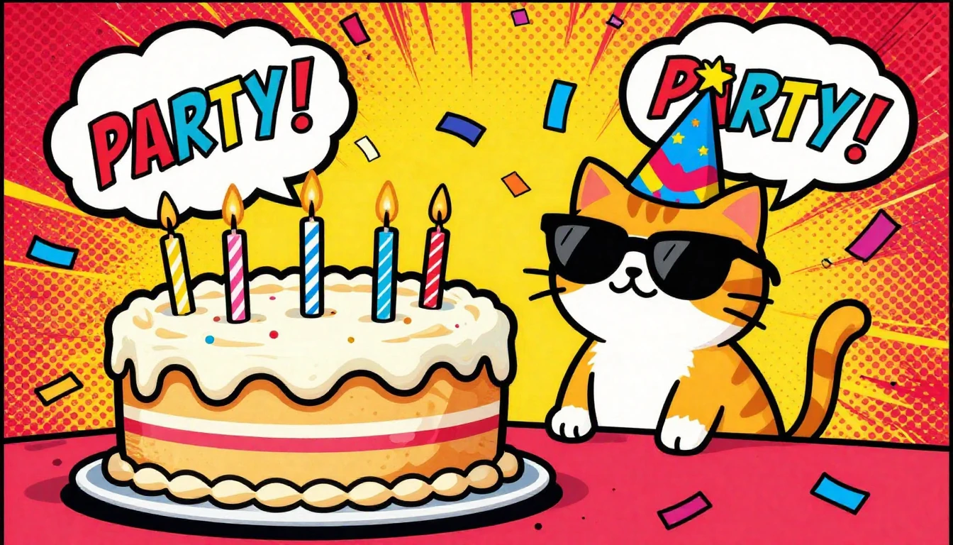 A vibrant Pop Art style illustration of a chaotic birthday p...