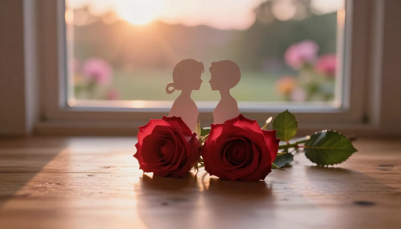 A delicate and ethereal scene featuring two intertwined silh...