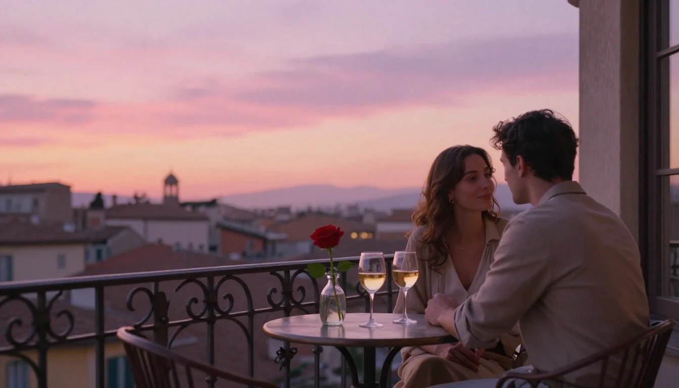 A romantic and dreamy scene depicting a couple sitting on a ...