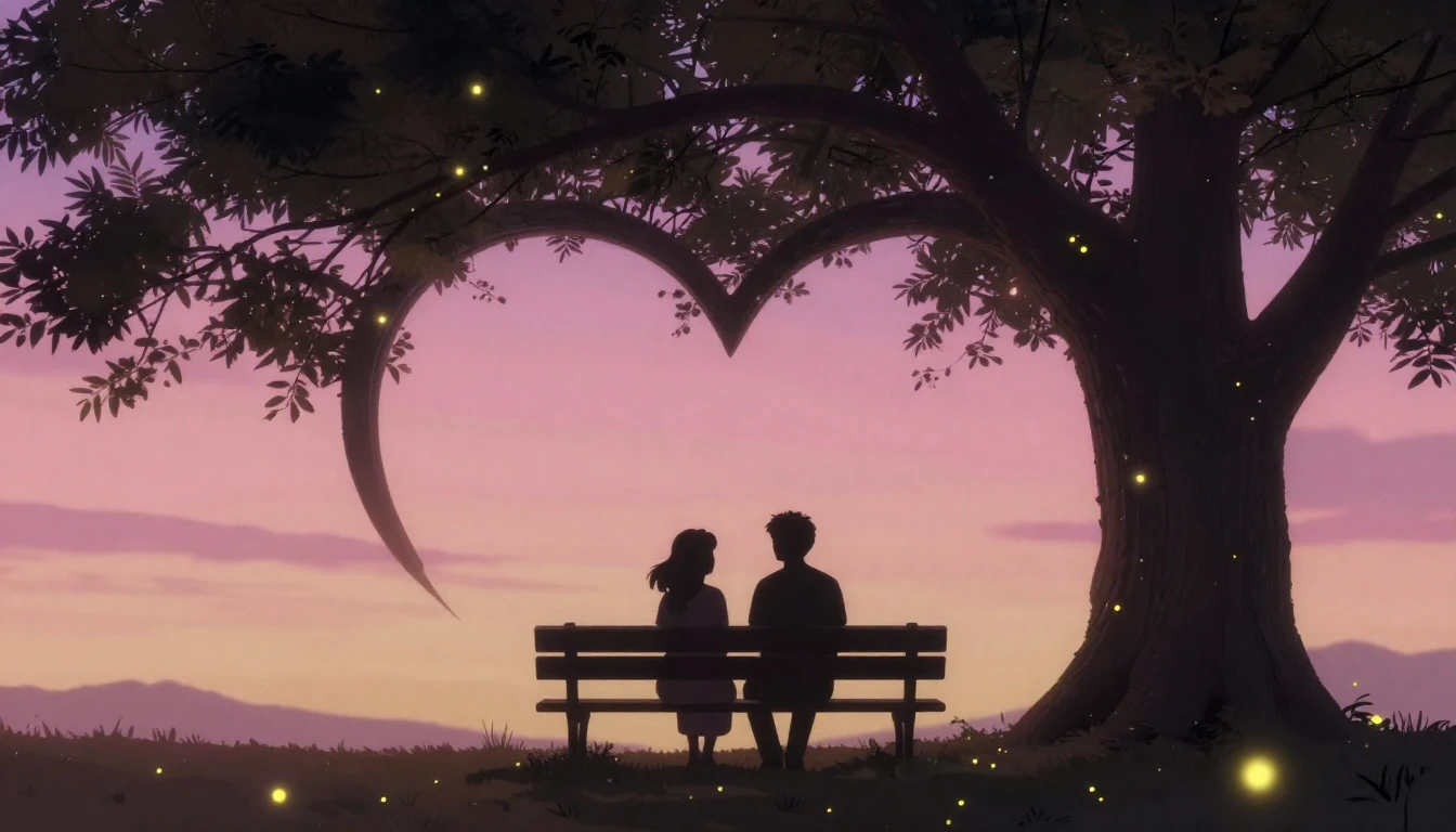 A romantic and dreamy illustration of two silhouettes sittin...