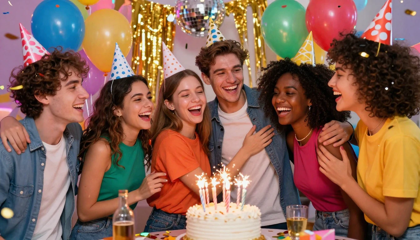 A vibrant and energetic party scene focusing on friendship a...