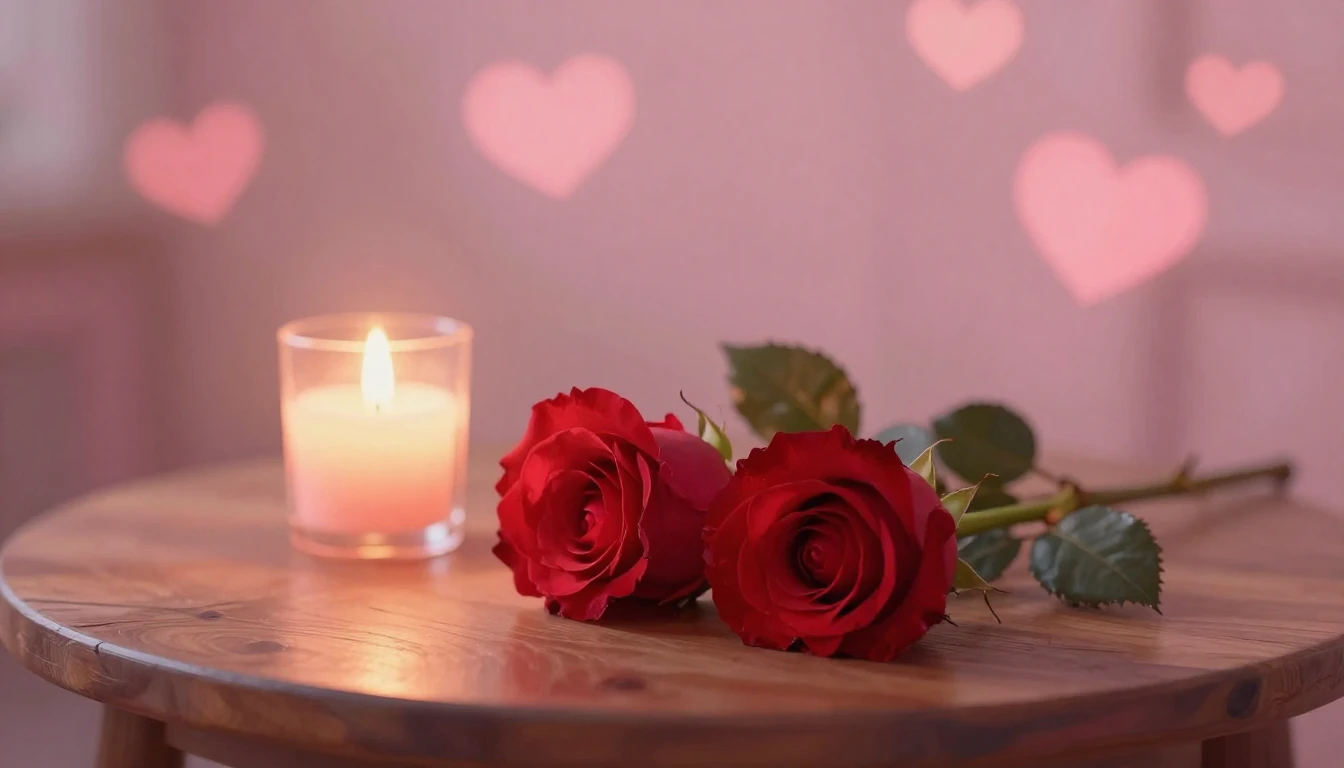 A romantic and dreamlike scene featuring two delicate red ro...