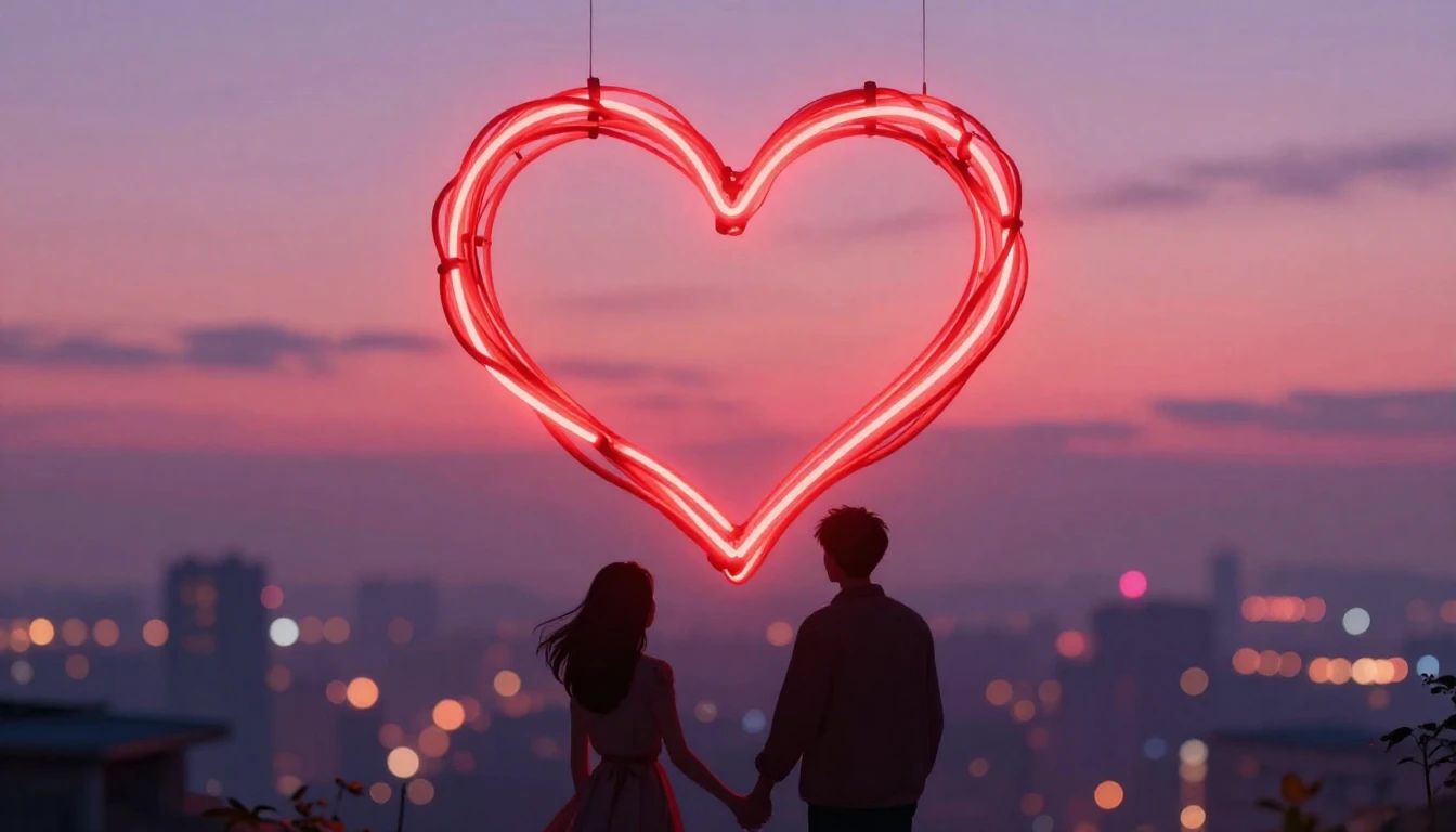 A romantic and dreamy illustration focusing on a glowing red...