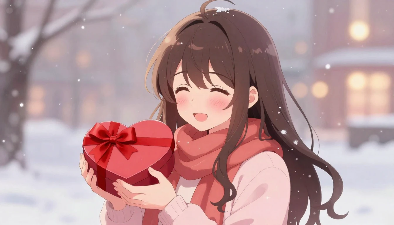 A romantic anime-style illustration of a young woman holding...