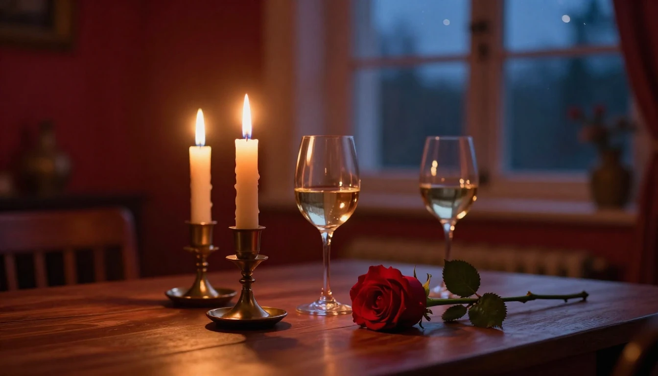 A cozy and intimate indoor setting during twilight. A wooden...