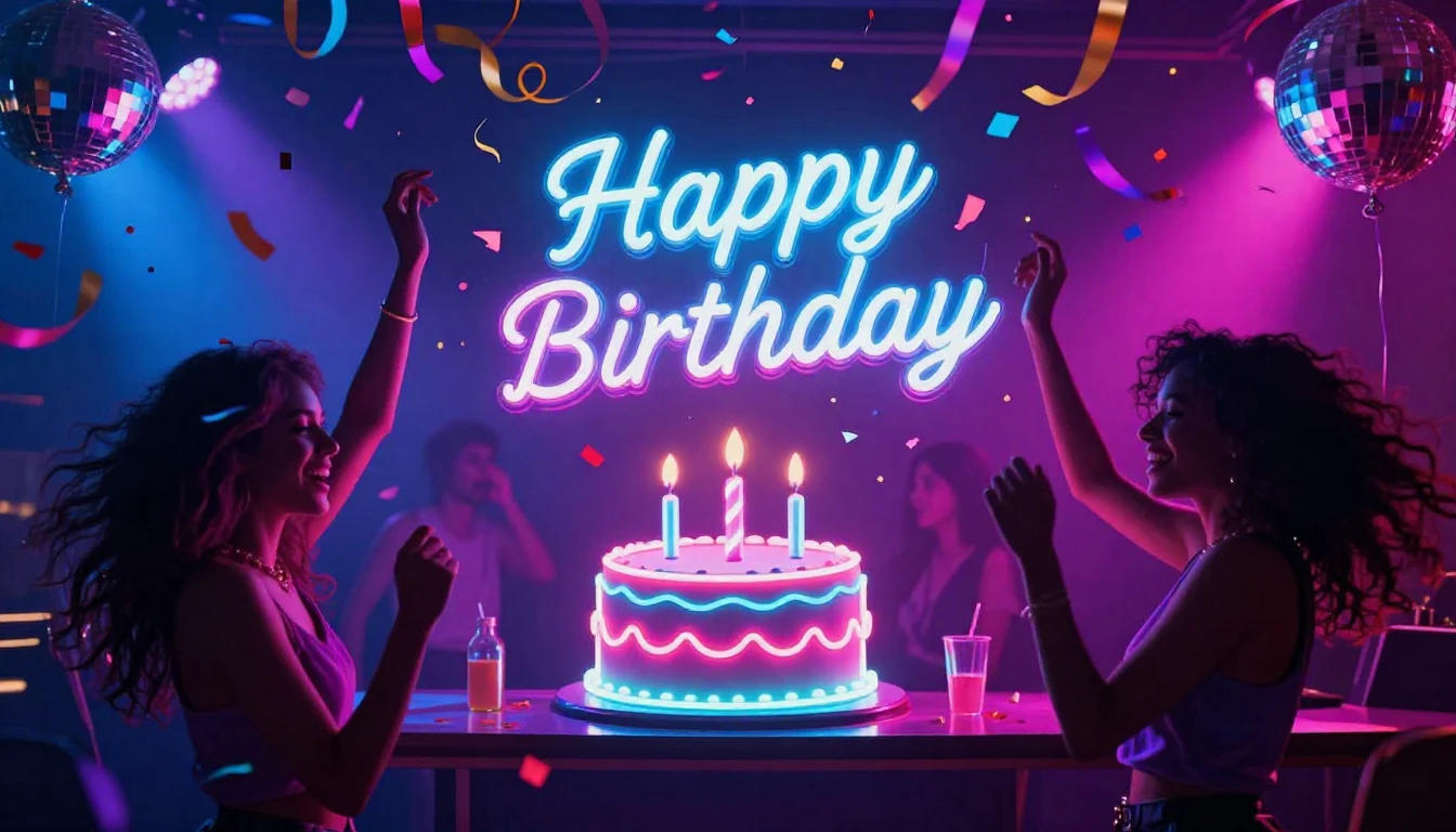 A vibrant and energetic party scene celebrating a birthday, ...