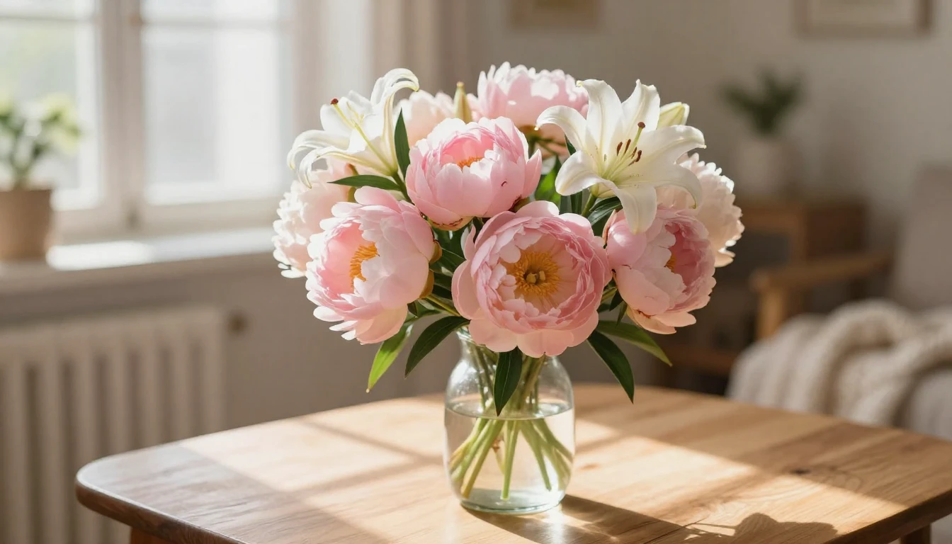 A beautiful bouquet of soft pink peonies and white lilies ar...