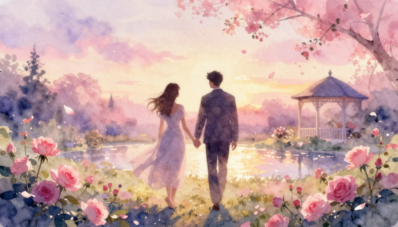 A beautiful watercolor painting of two silhouettes walking h...