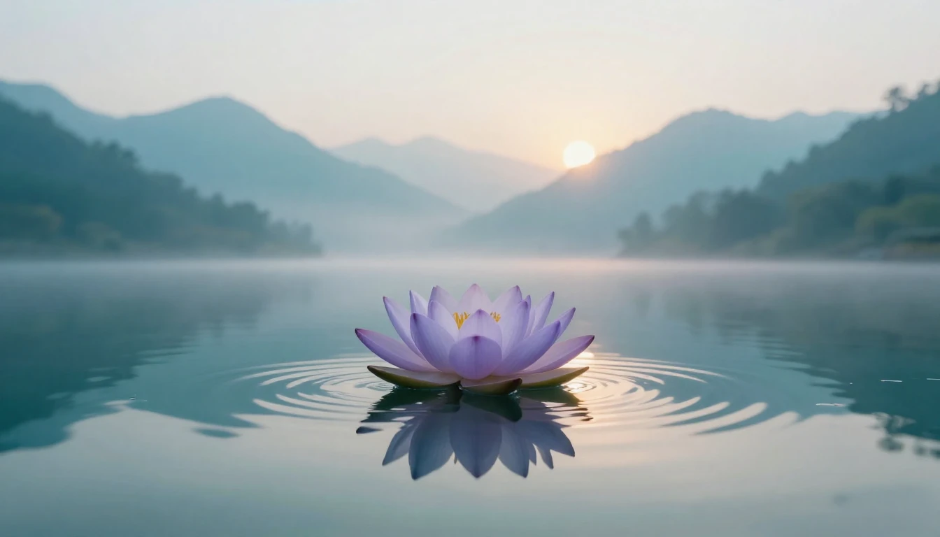 A serene and ethereal landscape featuring a single blooming ...