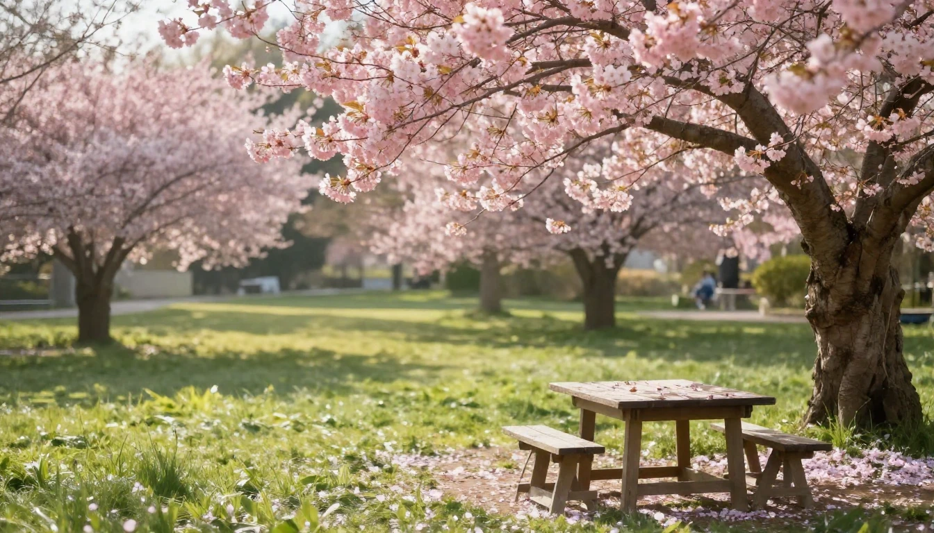 A beautiful spring garden in full bloom, featuring soft pink...