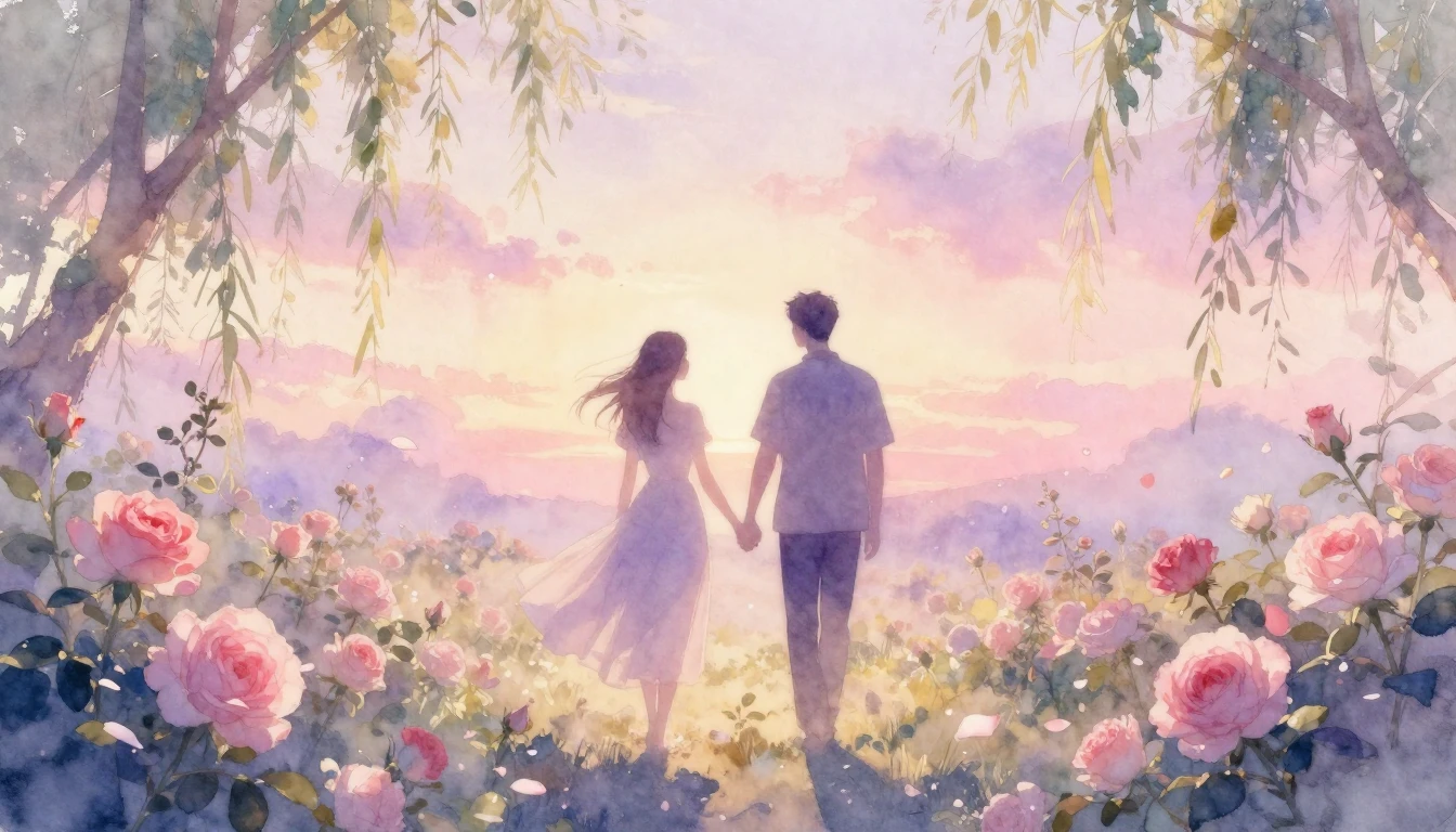 A delicate watercolor painting of two silhouettes walking ha...