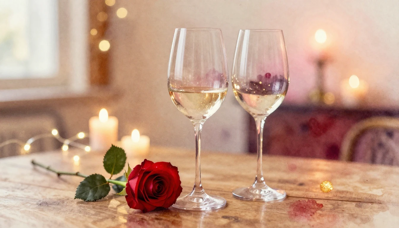 A soft watercolor painting of two elegant wine glasses stand...