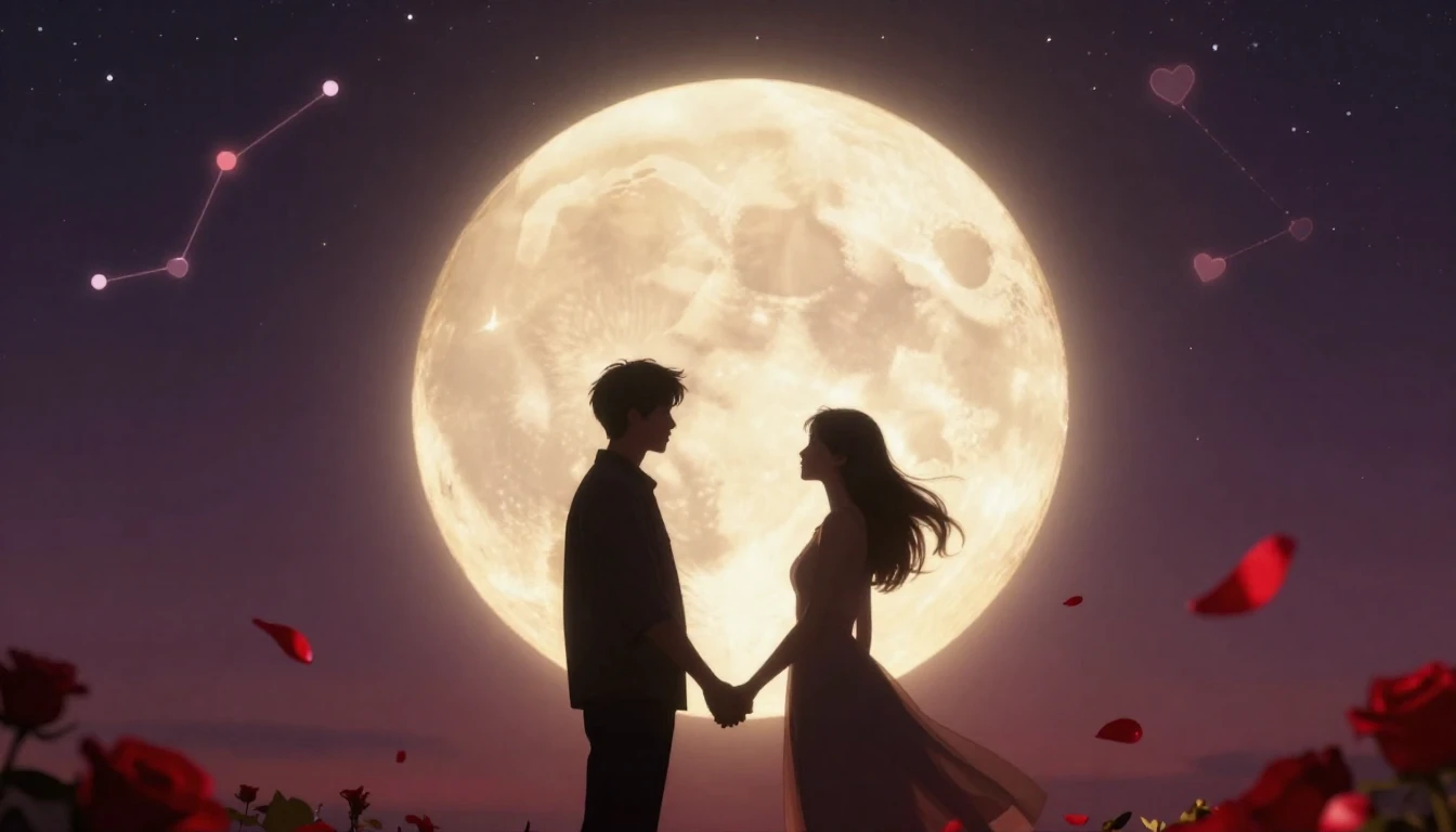 A romantic cinematic scene of a couple silhouette holding ha...