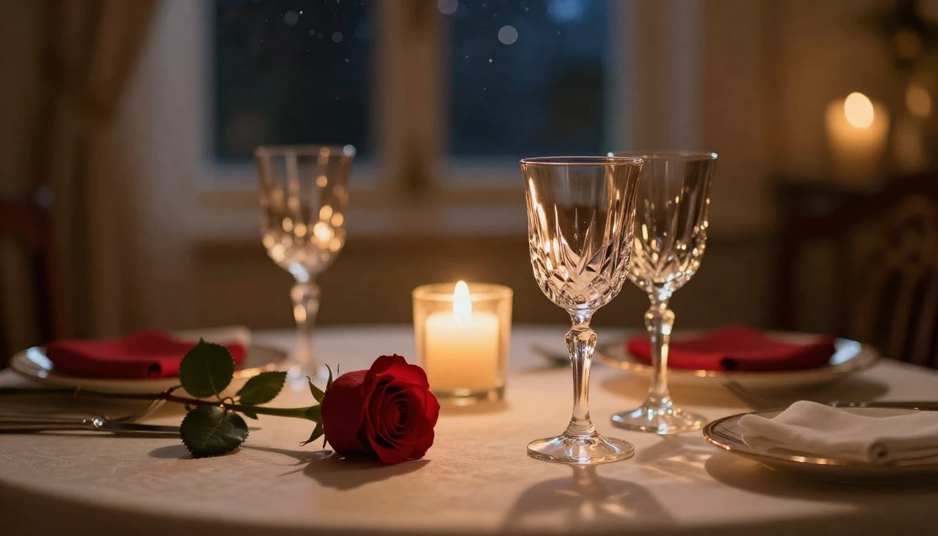 A close-up shot of a beautifully set dinner table for two in...