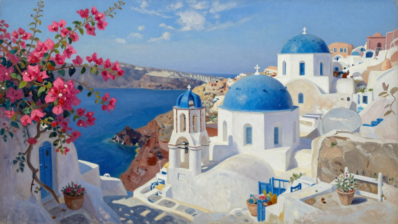 An evocative oil painting of a traditional Greek coastal sce...