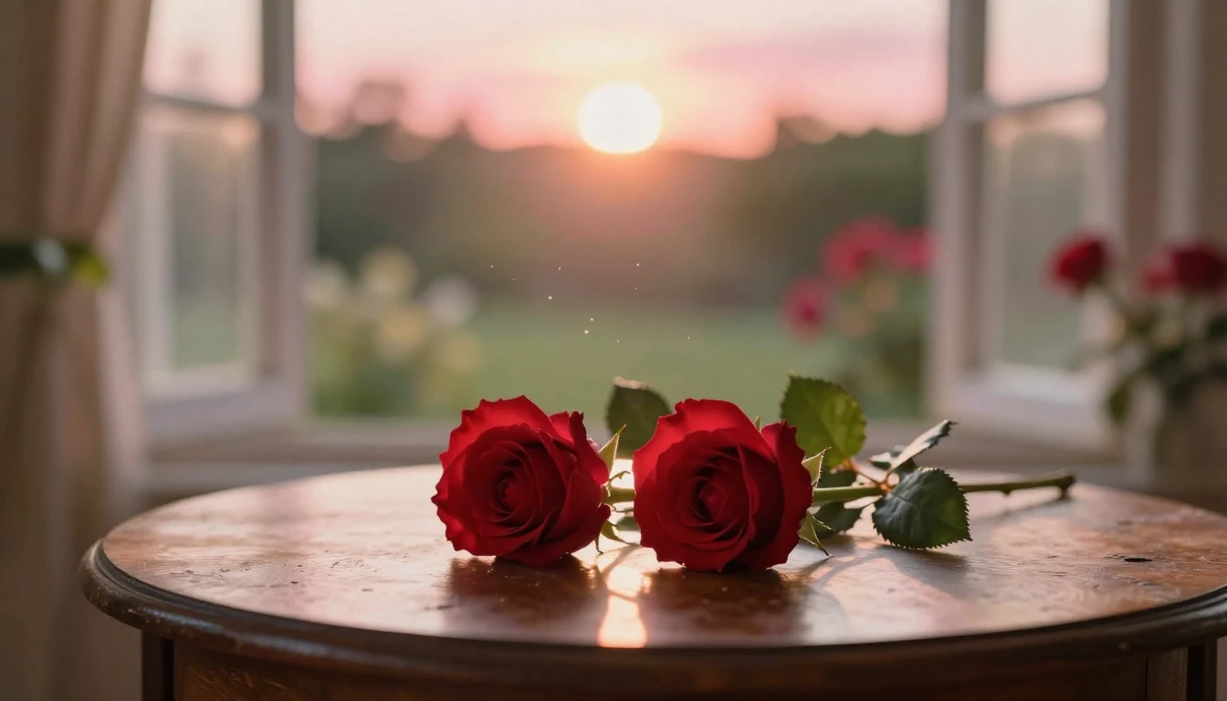 A dreamy and ethereal scene featuring two delicate red roses...