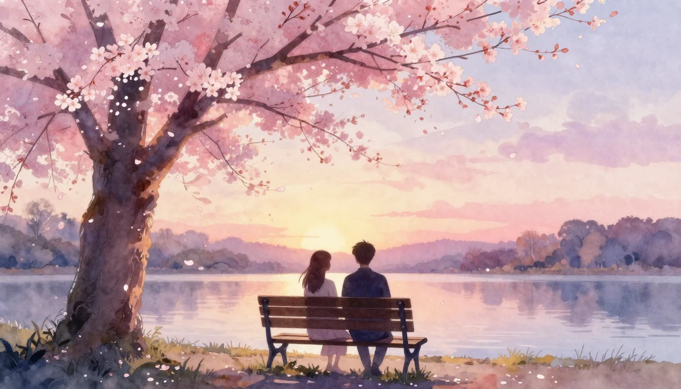 A dreamy and romantic watercolor painting of two silhouettes...