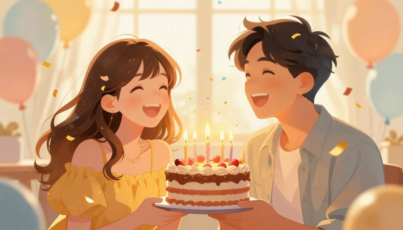 A warm and festive illustration of two friends laughing toge...