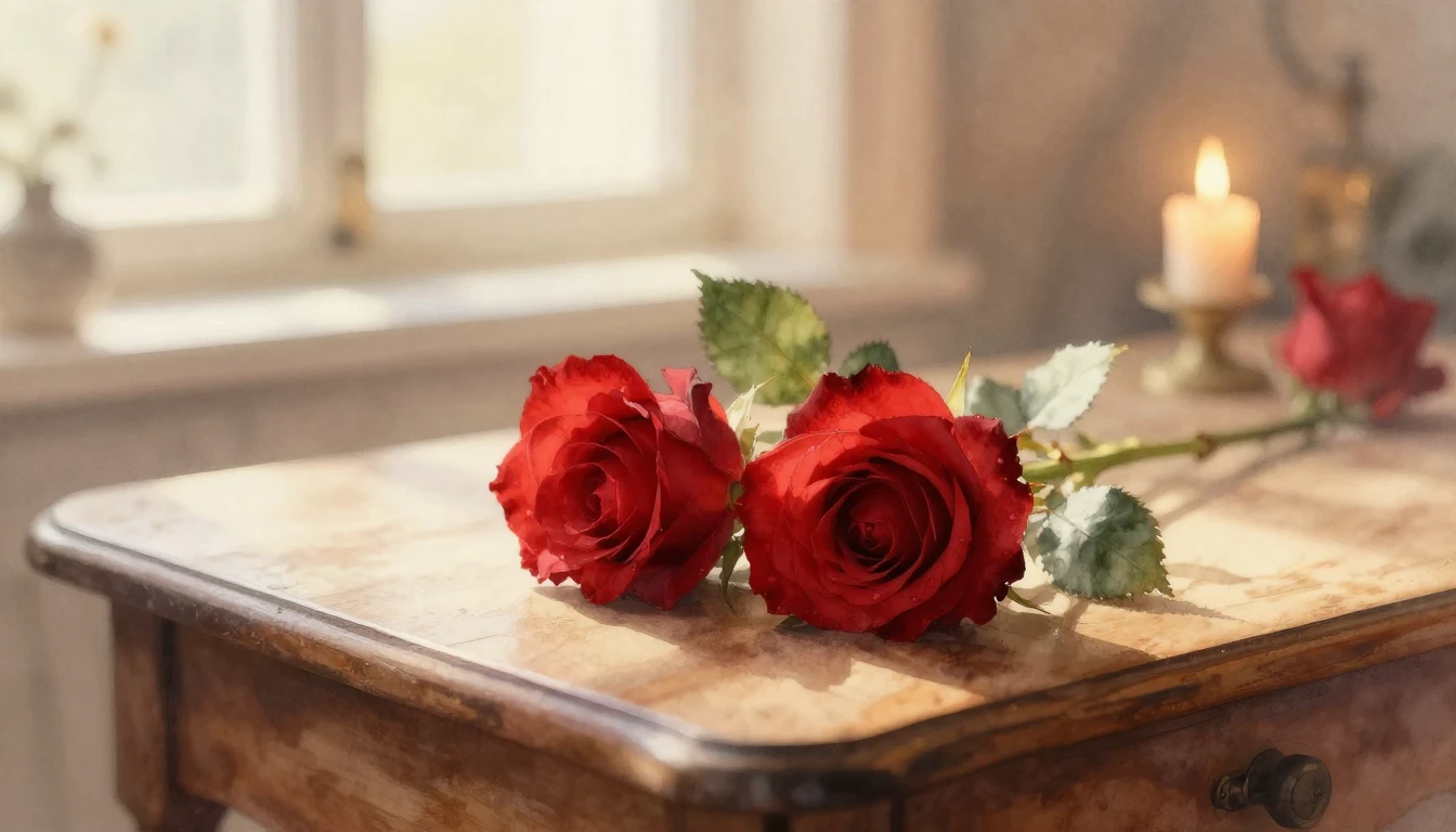 A delicate watercolor painting of two intertwined red roses ...