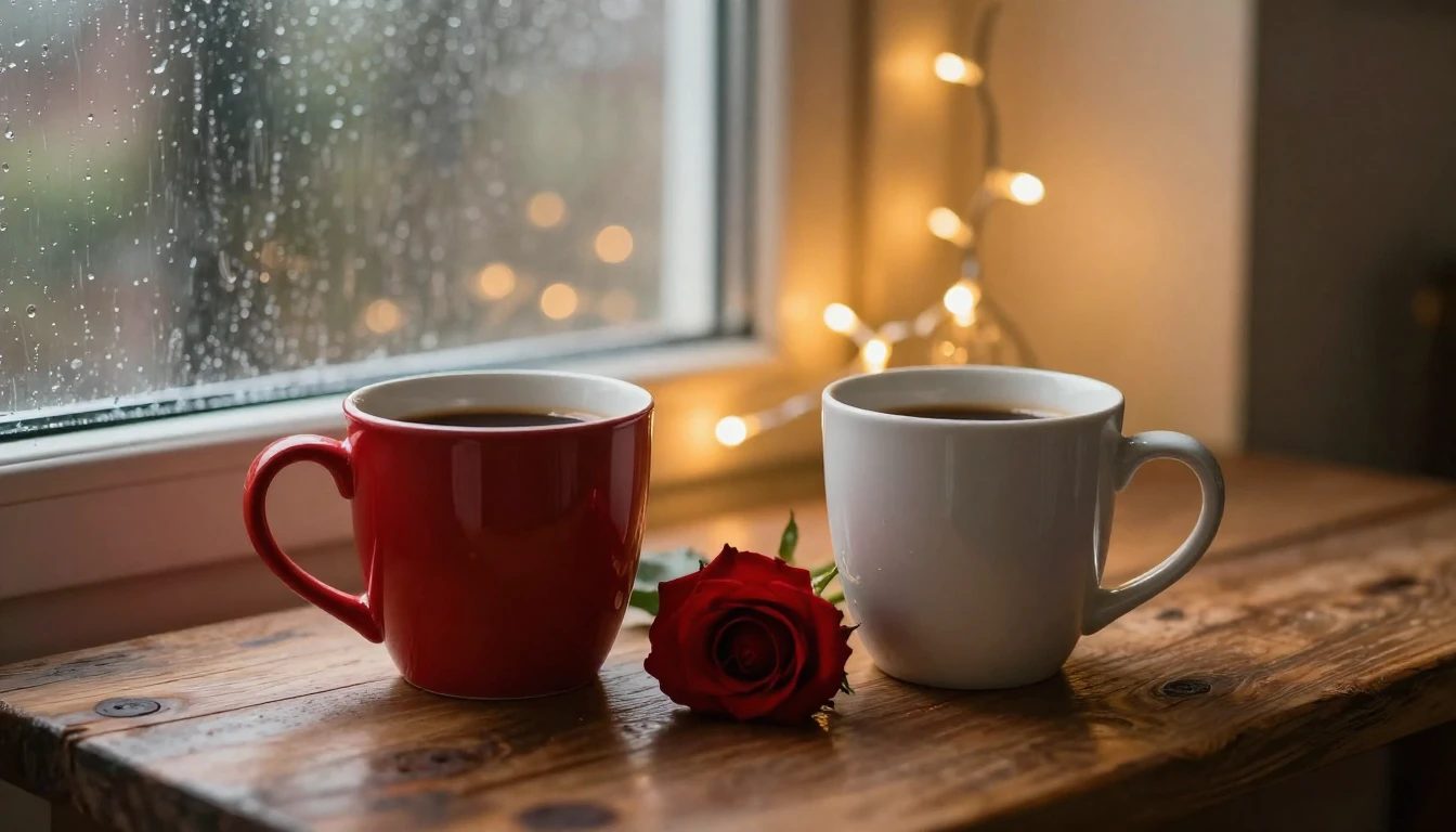 A warm and intimate close-up scene of two coffee mugs on a r...