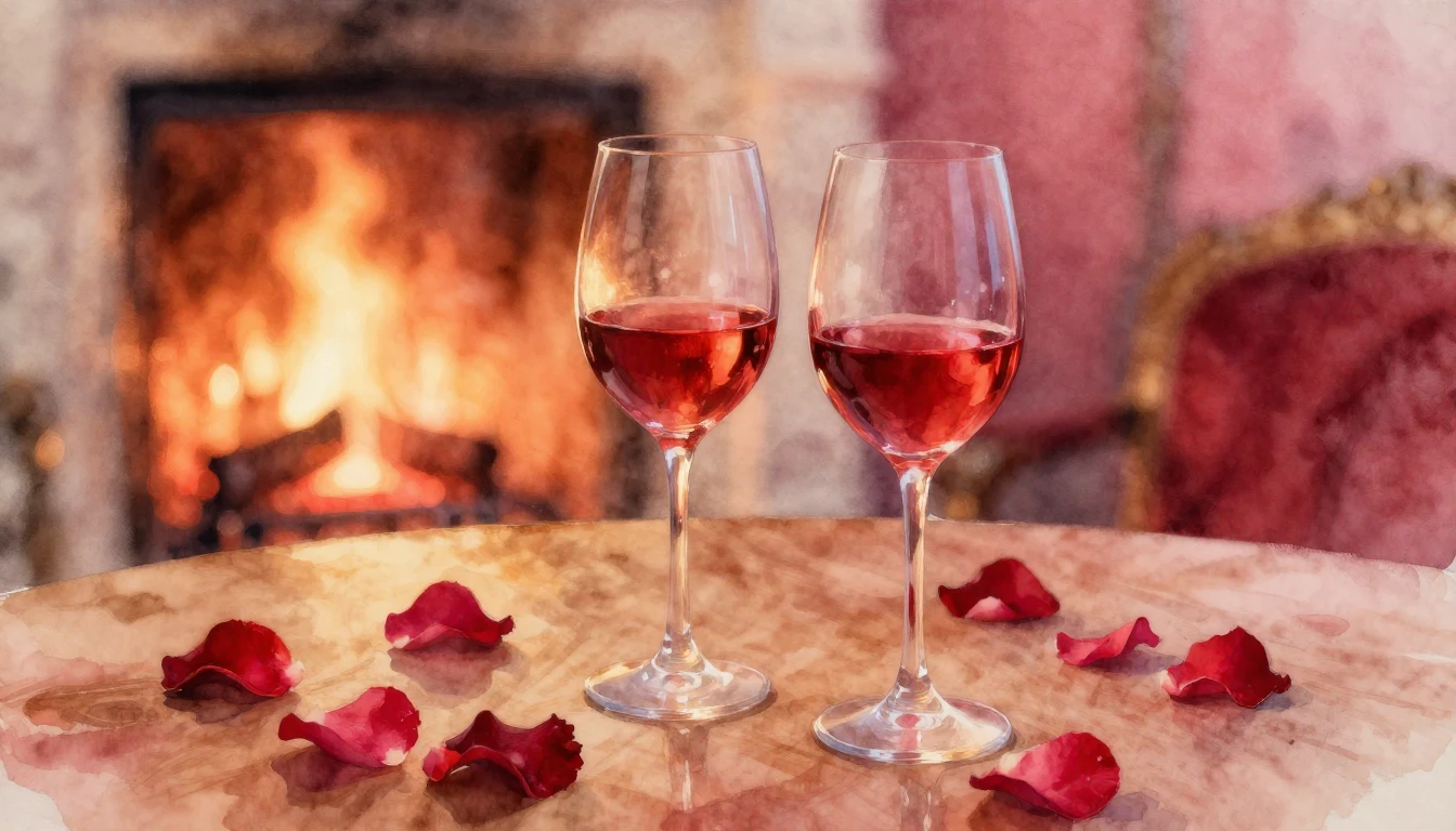 A soft watercolor painting of two elegant wine glasses on a ...