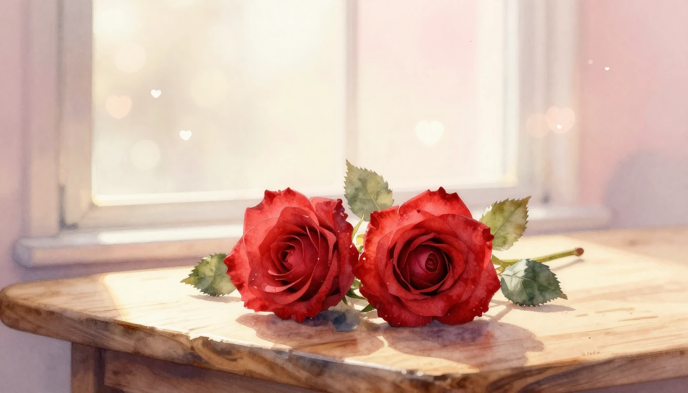 A delicate watercolor painting of two intertwined red roses ...