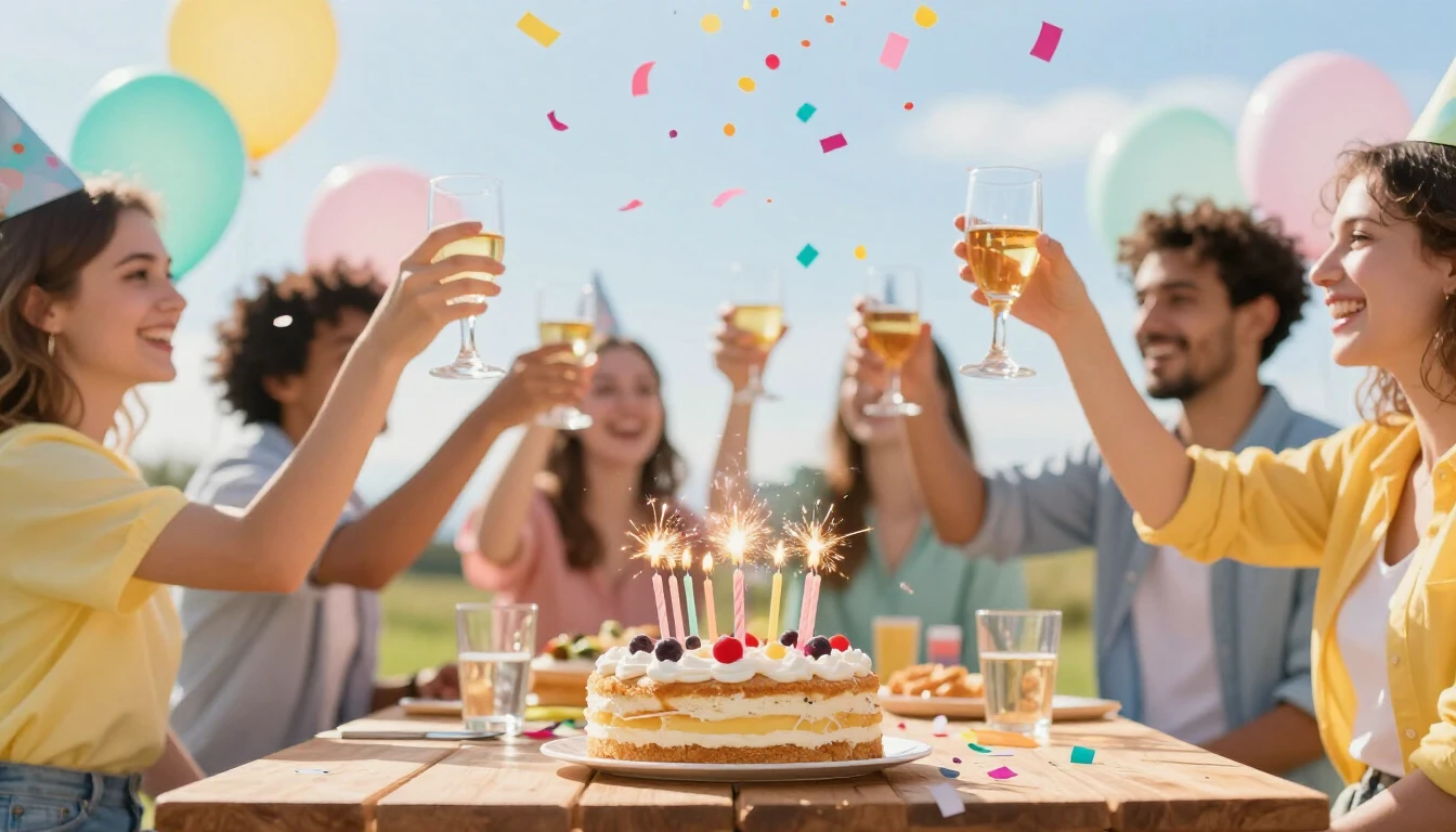 A vibrant and colorful scene of a birthday celebration outdo...