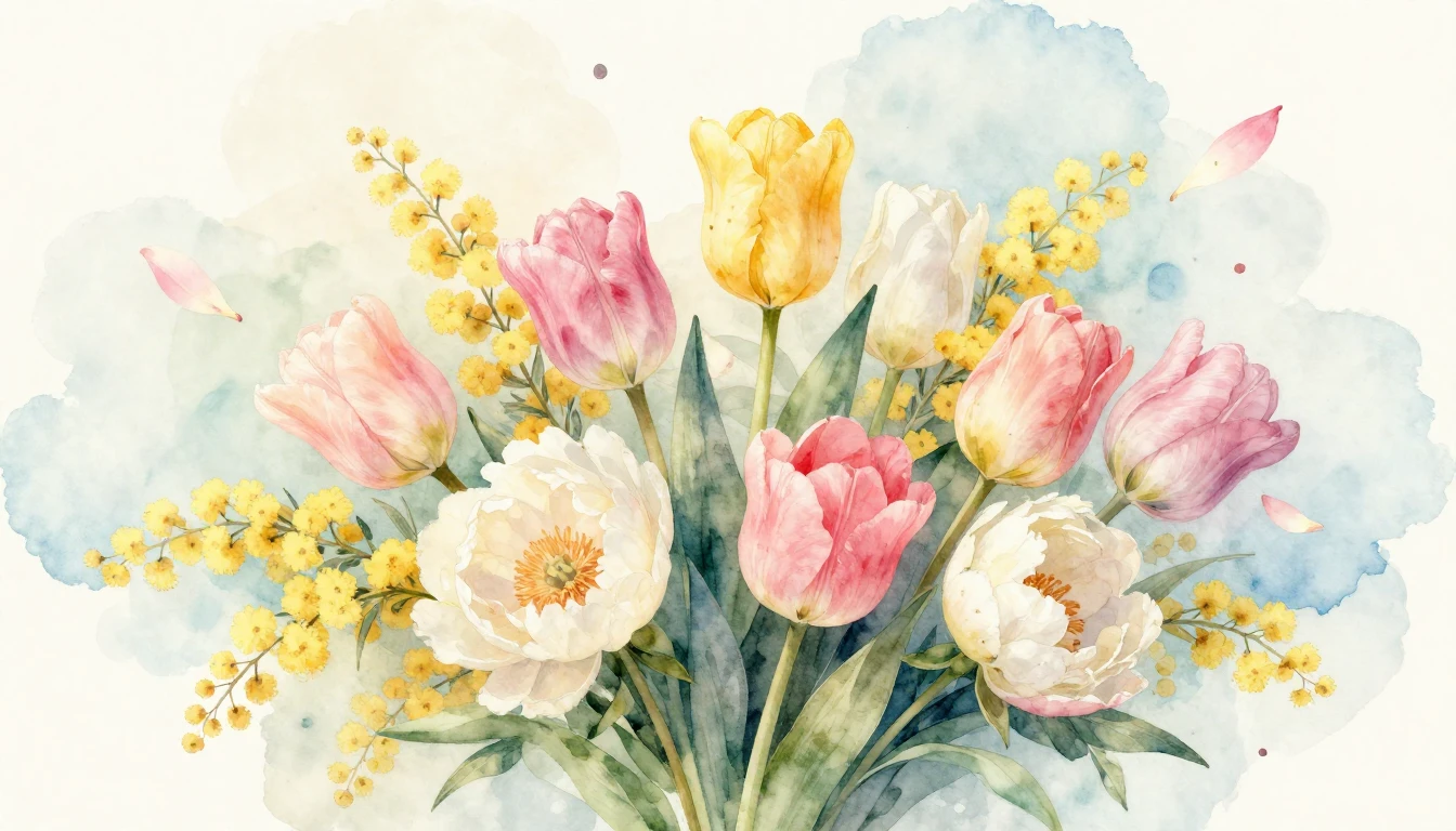 A beautiful watercolor painting of a lush bouquet featuring ...