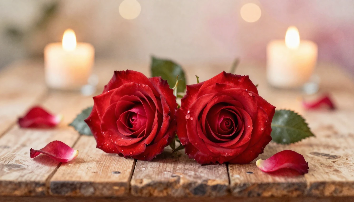 A soft watercolor painting of two intertwined red roses rest...