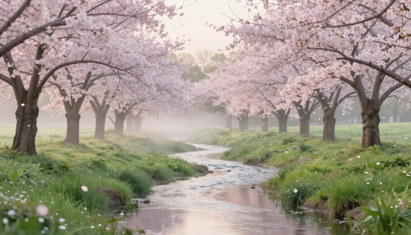 A serene landscape at dawn during the first days of spring. ...