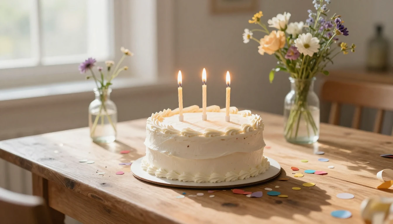 A close-up view of a rustic wooden table set for a birthday ...