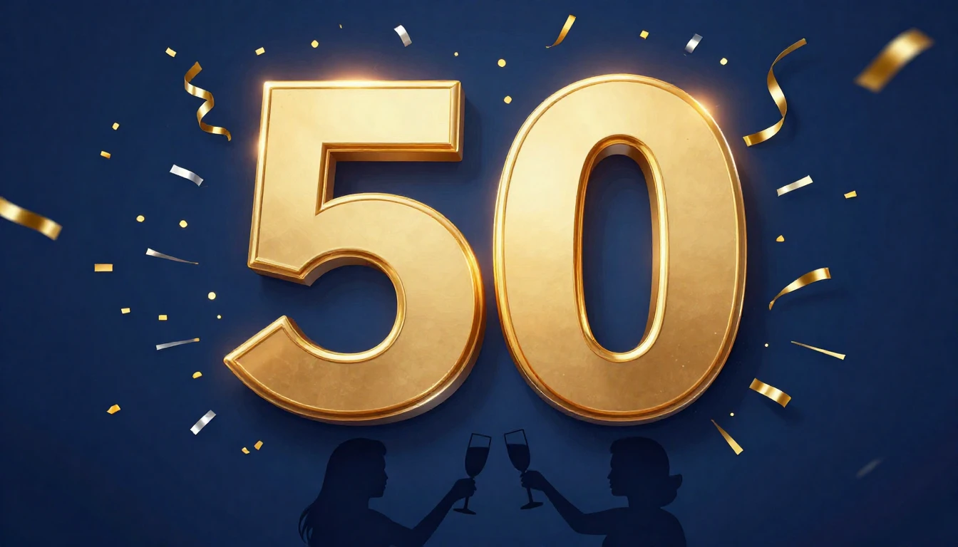 A vibrant and celebratory album cover art designed for a 50t...