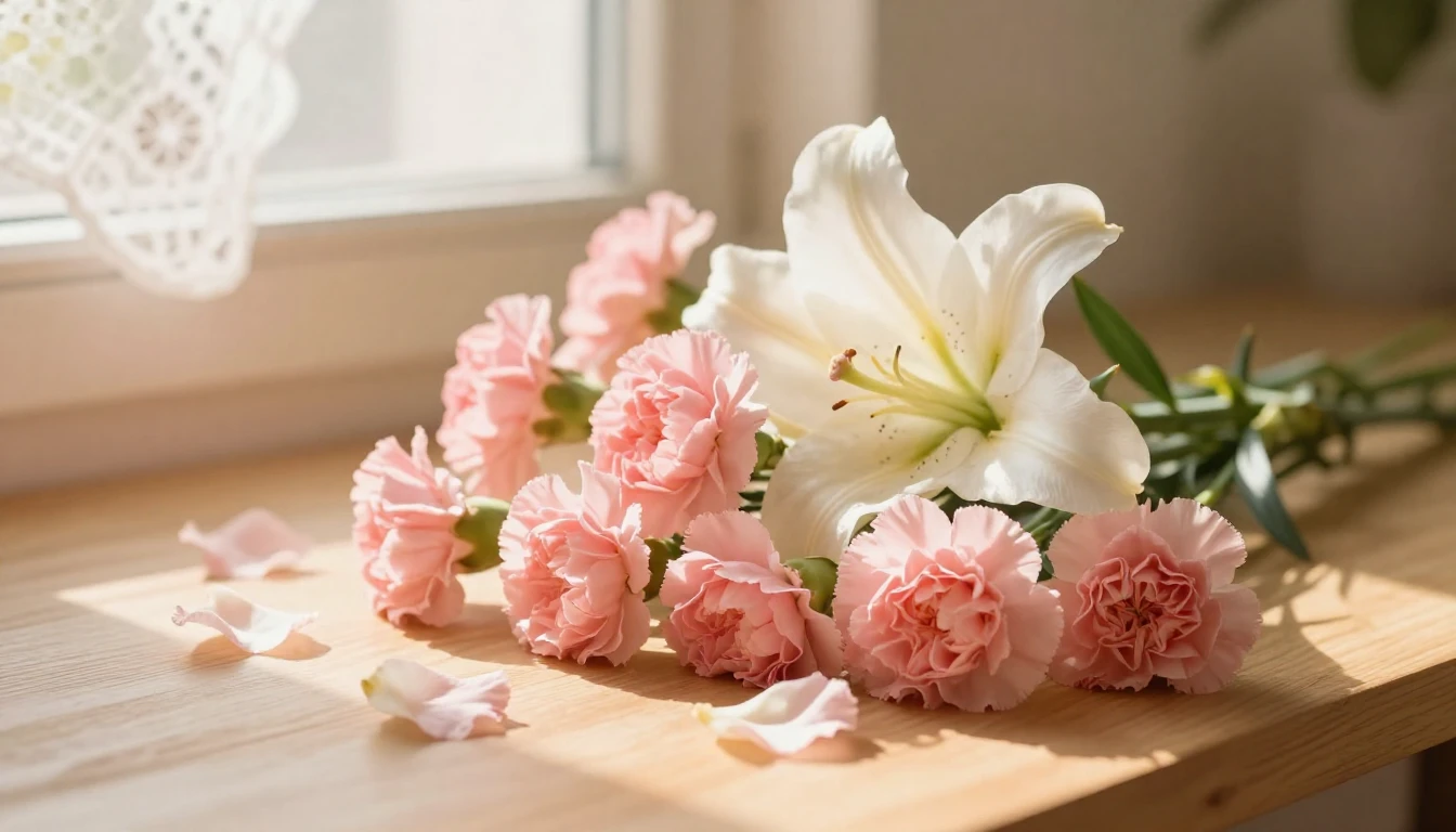 A beautiful and serene scene depicting a delicate bouquet of...