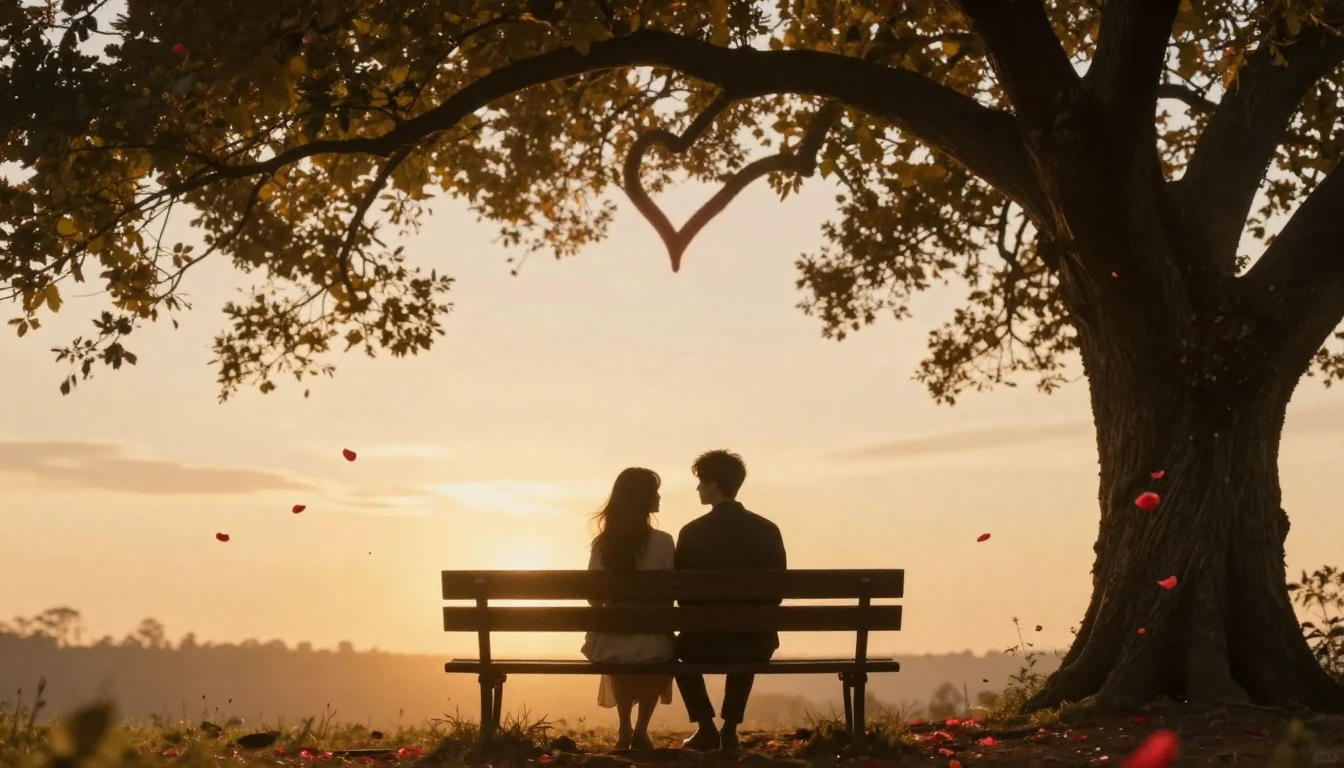 A romantic and dreamy scene featuring two silhouettes sittin...
