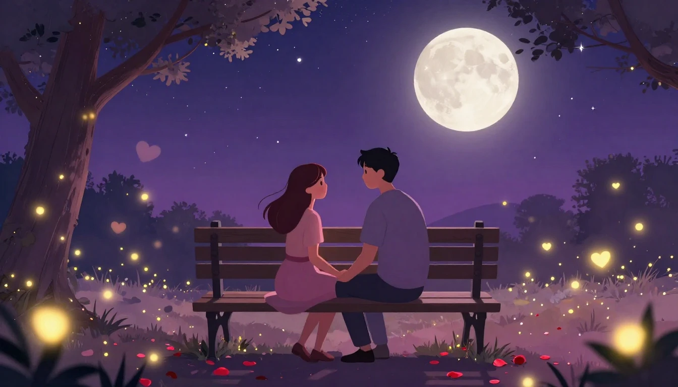 A romantic and dreamy illustration of a couple sitting on a ...