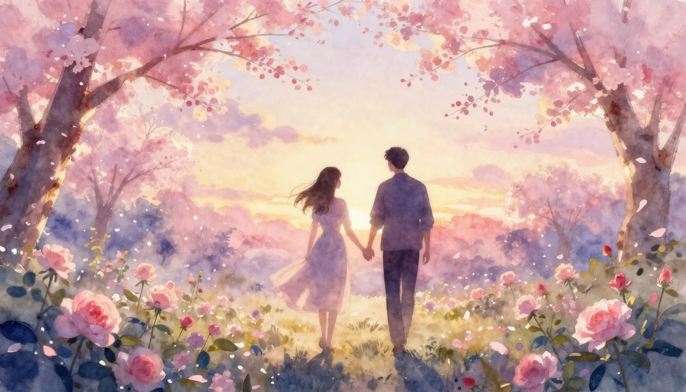 A dreamy watercolor painting of two silhouettes walking hand...