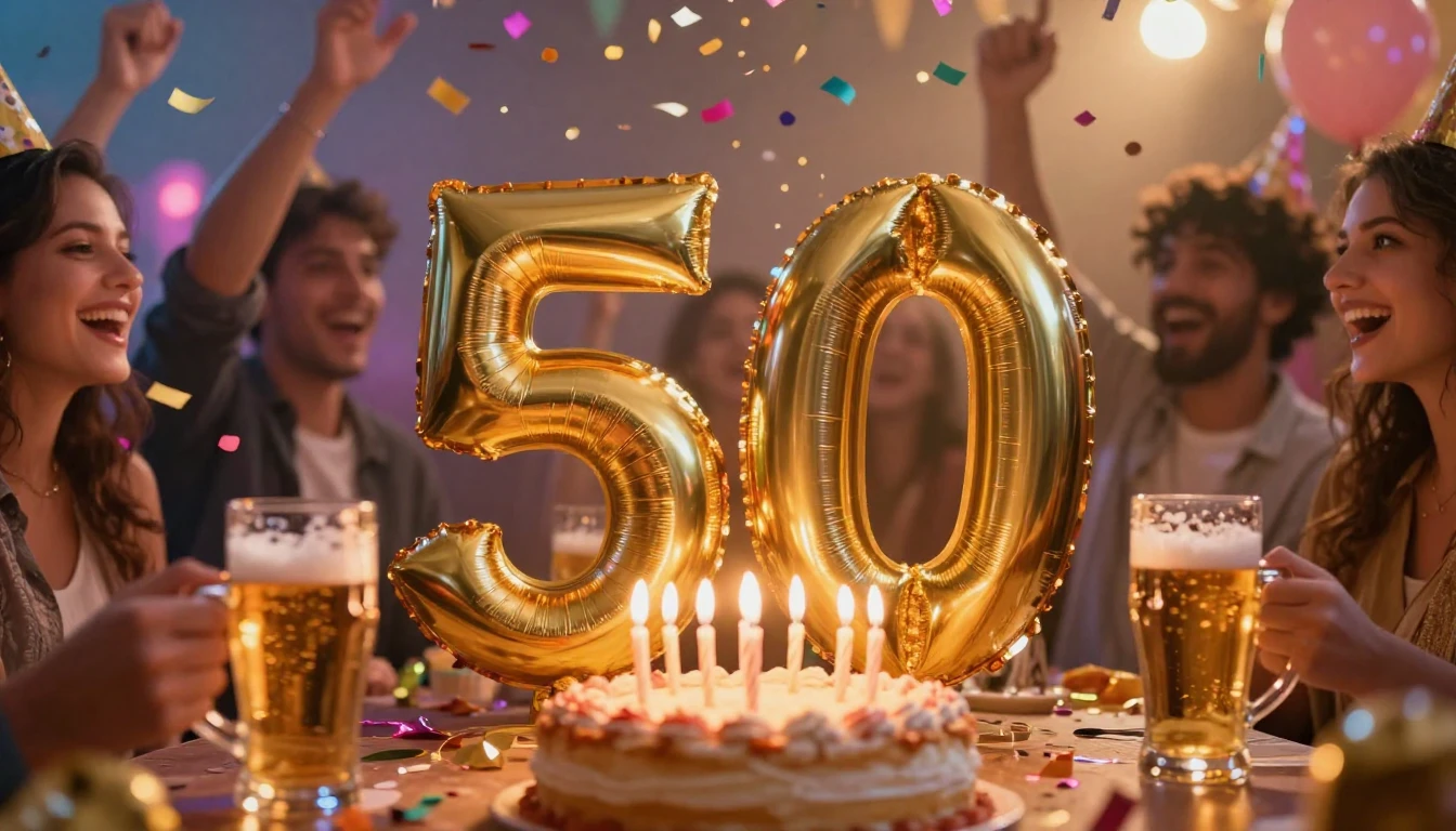 A vibrant and joyful celebratory scene representing a 50th b...